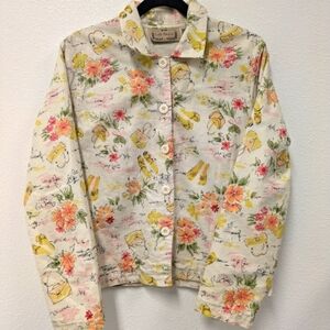 Ivory Floral Summer Print Cotton Jacket sz M Casual Garden Coastal Grandma